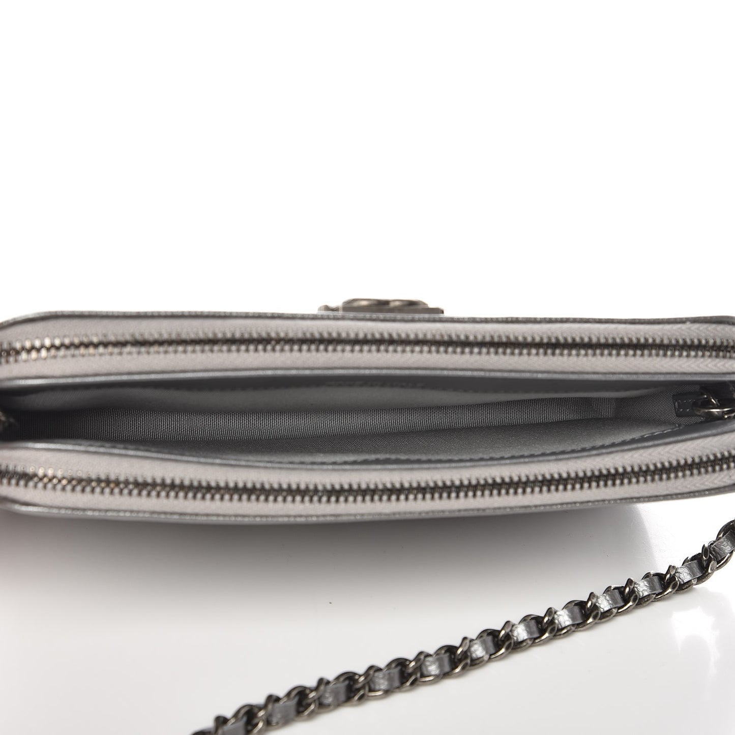 Metallic Caviar Quilted Small Boy Clutch With Chain Silver