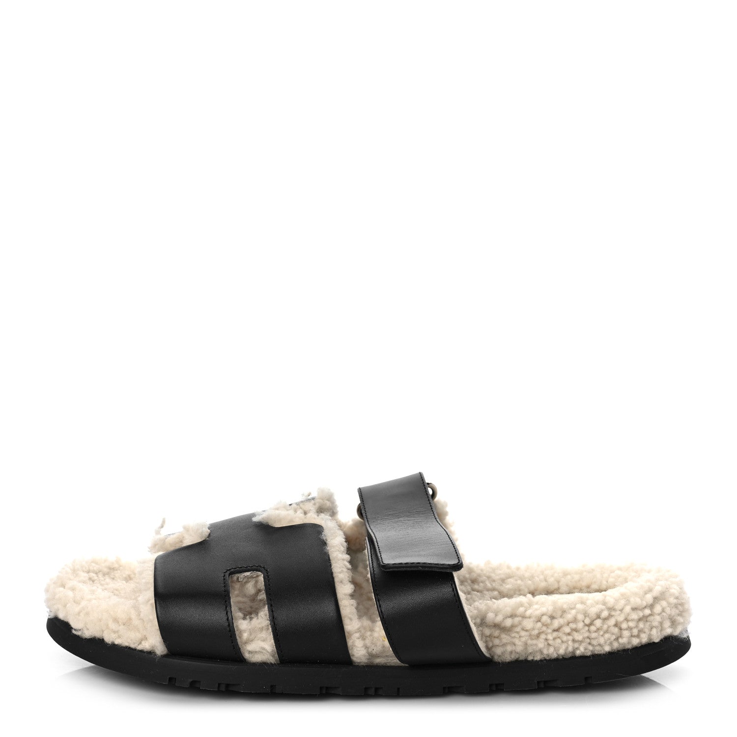 Hermes Calfskin Woolskin Mens Chypre Sandals 42 Black Ecru 1 of 9