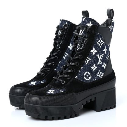 Louis Vuitton Calfskin Monogram Denim Laureate Platform Desert Boots 37 Grey 3 of 8