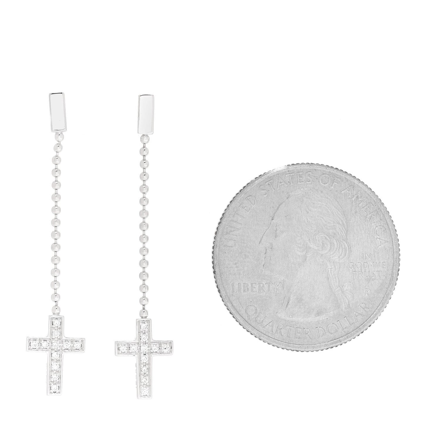 18K White Gold Diamond Cross Drop Earrings