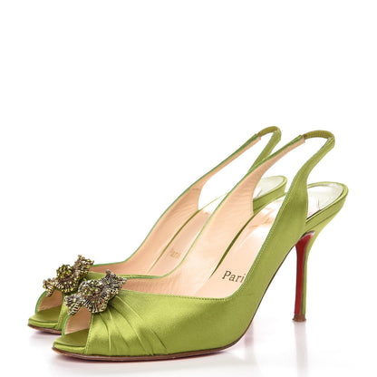 Christian Louboutin Satin Fiorellino Peep Toe Slingback 37.5 Green 3 of 16