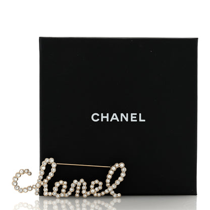 Chanel Crystal Pearl Logo Brooch Gold 4 of 4