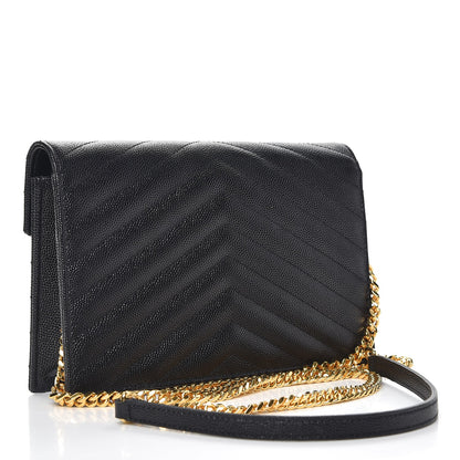 Saint Laurent Grain De Poudre Matelasse Chevron Monogram Envelope Chain Wallet Black 3 of 8