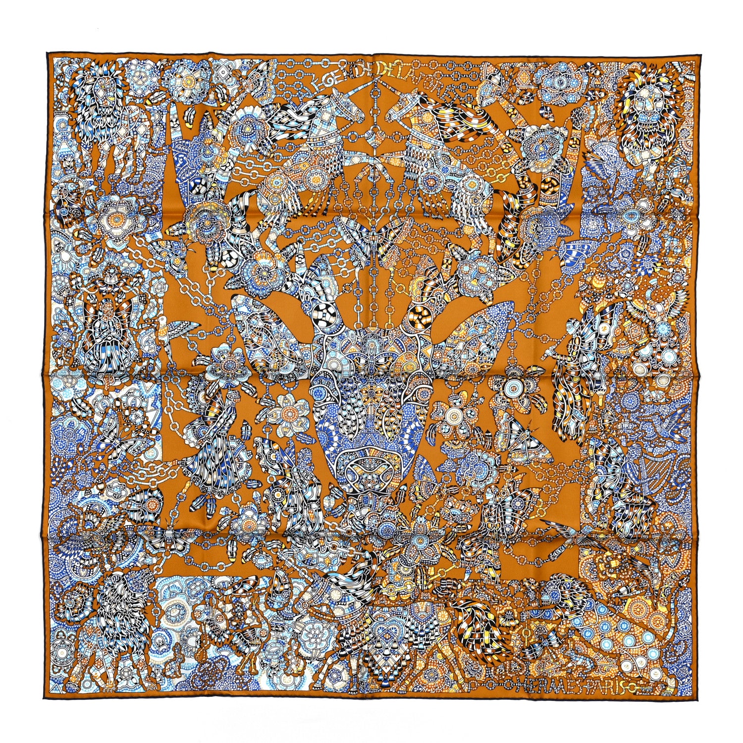 Hermes Silk La Legende de La Foret Scarf 90 Gold Bleu Black 1 of 7
