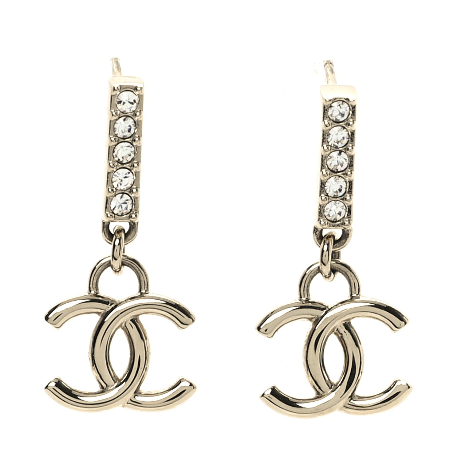 Chanel Metal Crystal Studded CC Drop Earrings Gold 1 of 5