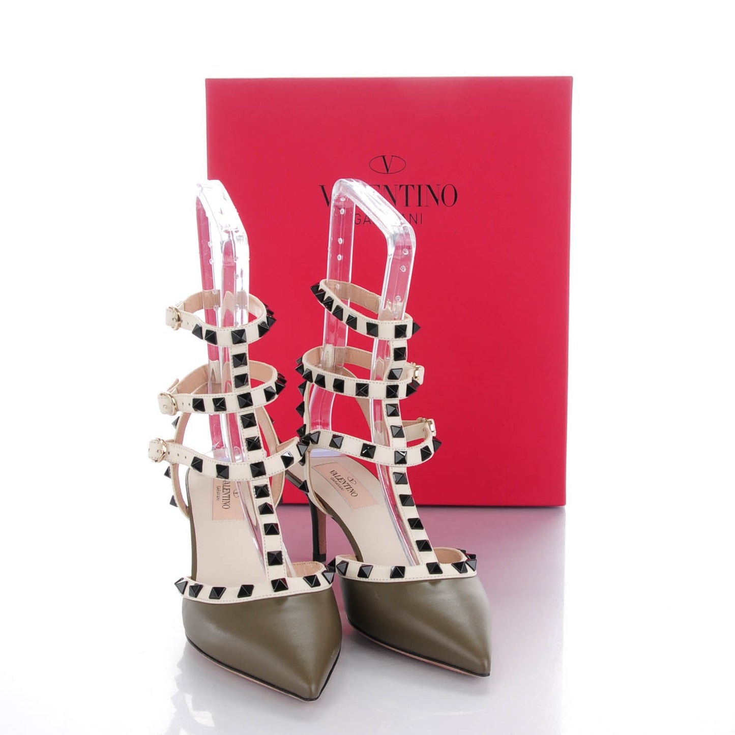 Nappa Rockstud Ankle Strap 65mm Pumps 37 Army Green Light Ivory