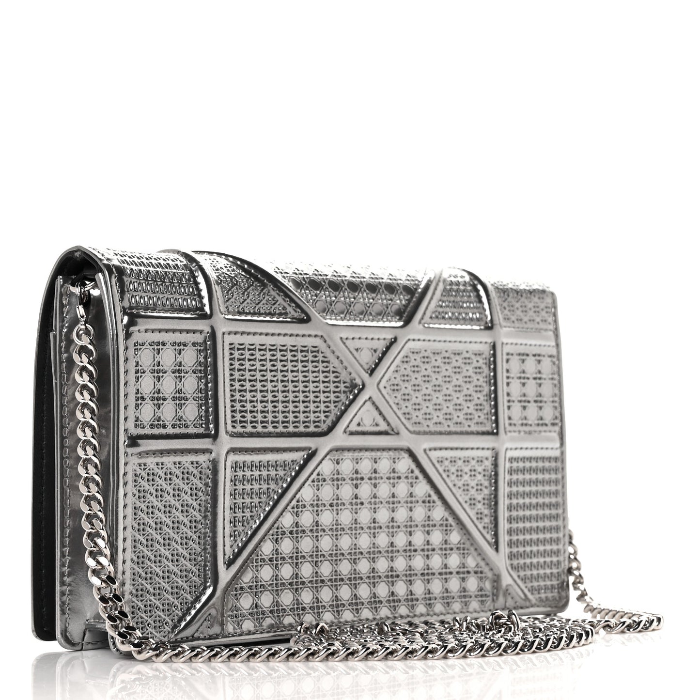 Metallic Patent Micro-Cannage Diorama Wallet on Chain Pouch Silver