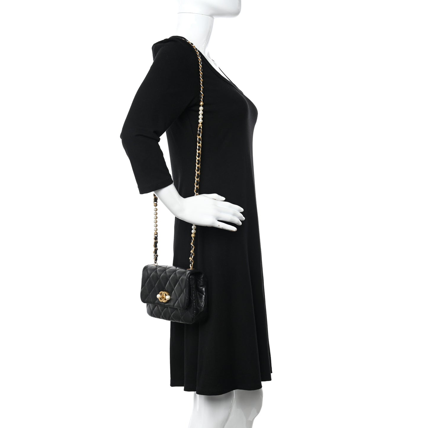 Glazed Calfskin Quilted Mini Pearl Side Flap Black