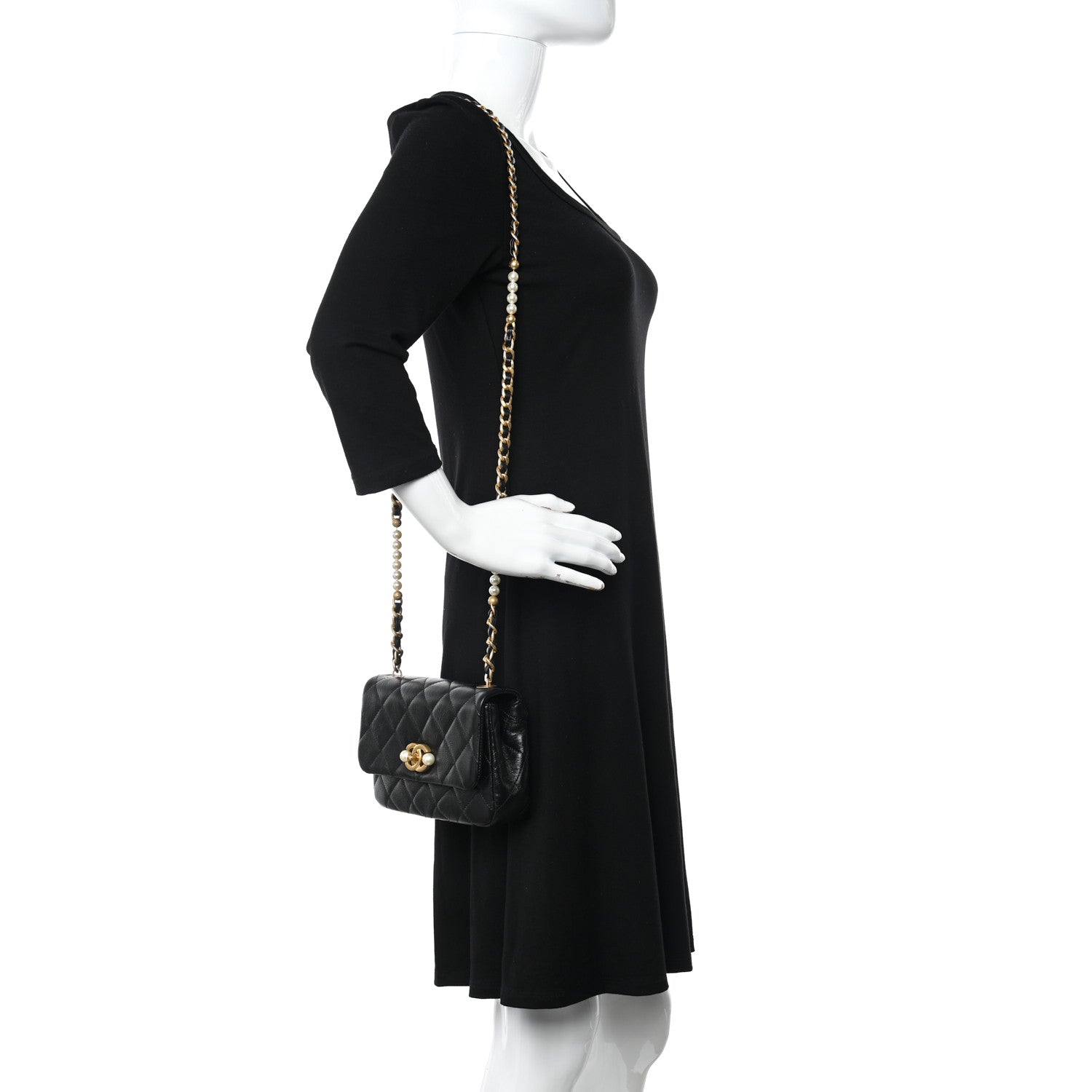 Chanel Glazed Calfskin Quilted Mini Pearl Side Flap Black 2 of 12