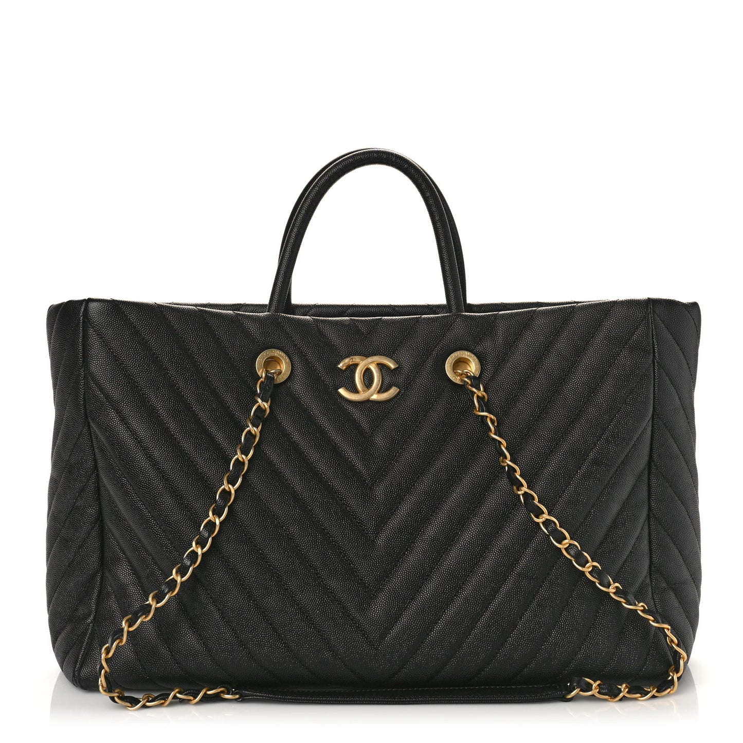 Caviar Chevron Quilted Coco Handle Shopping Tote Black