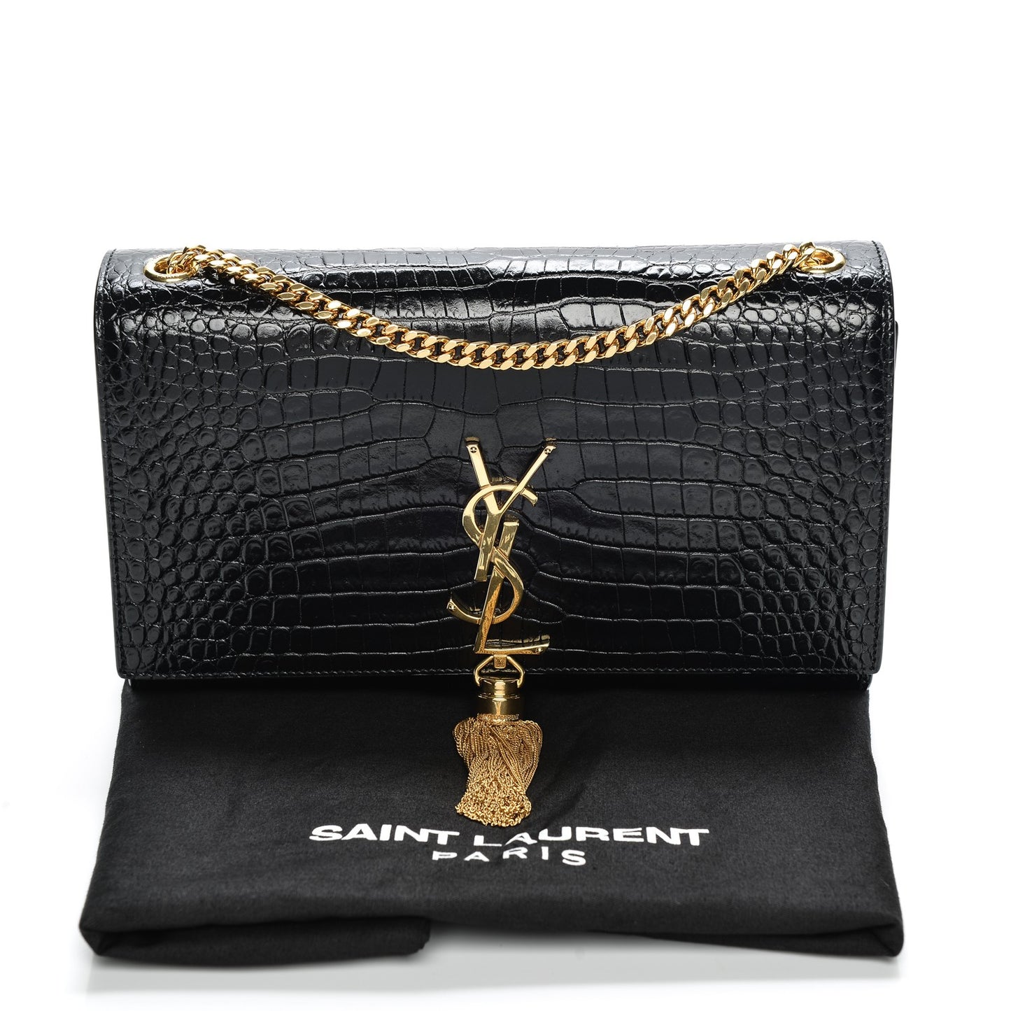 Calfskin Crocodile Embossed Medium Classic Monogram Kate Tassel Satchel Black