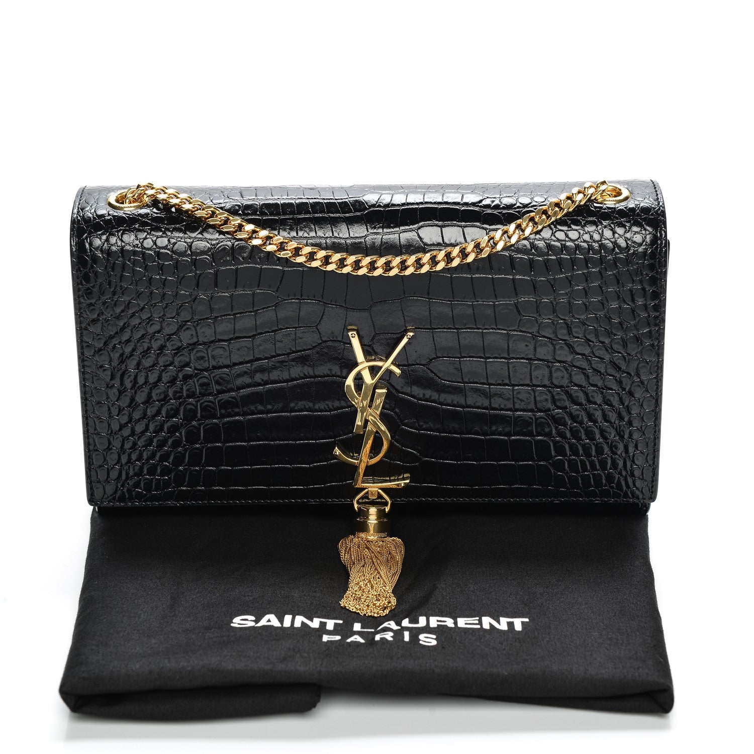 Saint Laurent Calfskin Crocodile Embossed Medium Classic Monogram Kate Tassel Satchel Black 8 of 8
