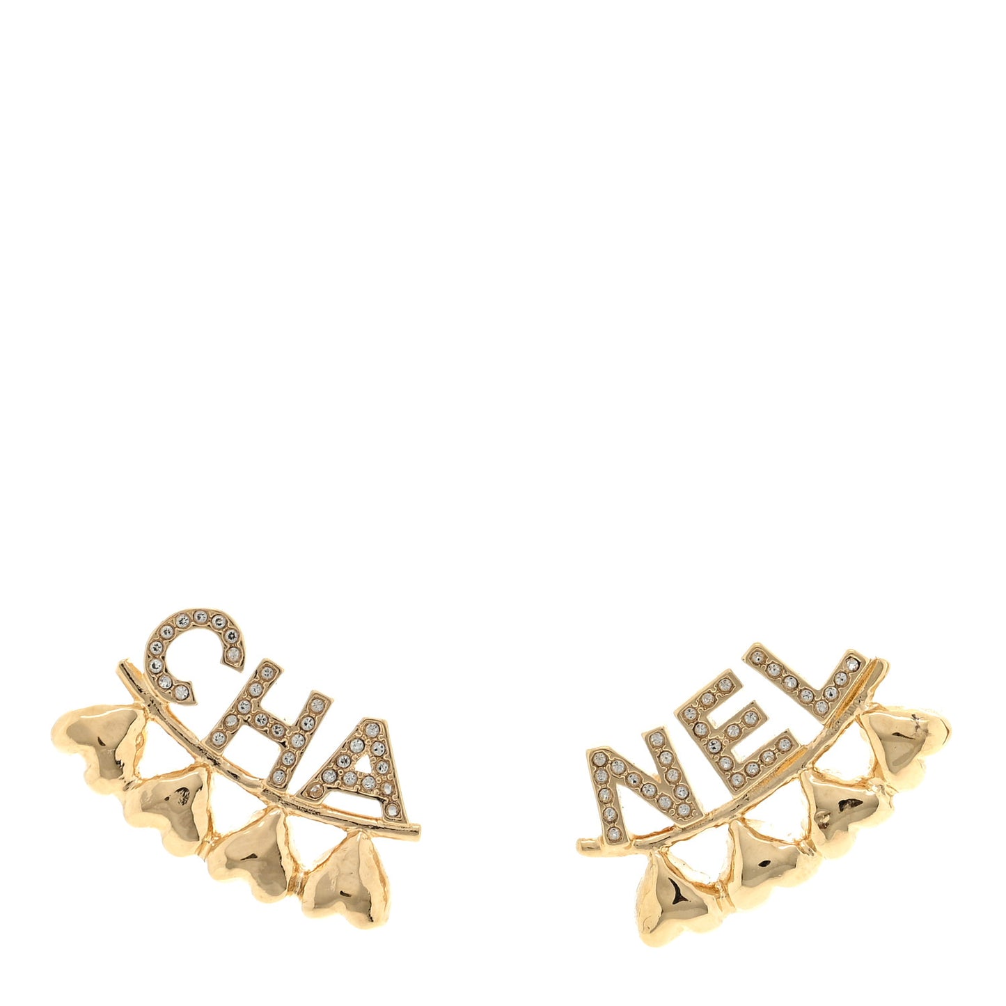 Crystal Heart Cha-Nel Logo Earrings Gold