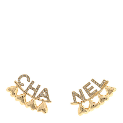 Chanel Crystal Heart Cha-Nel Logo Earrings Gold 1 of 4