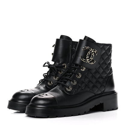 Chanel Shiny Goatskin Calfskin Quilted Lace Up Combat Boots 38 Black 3 of 13