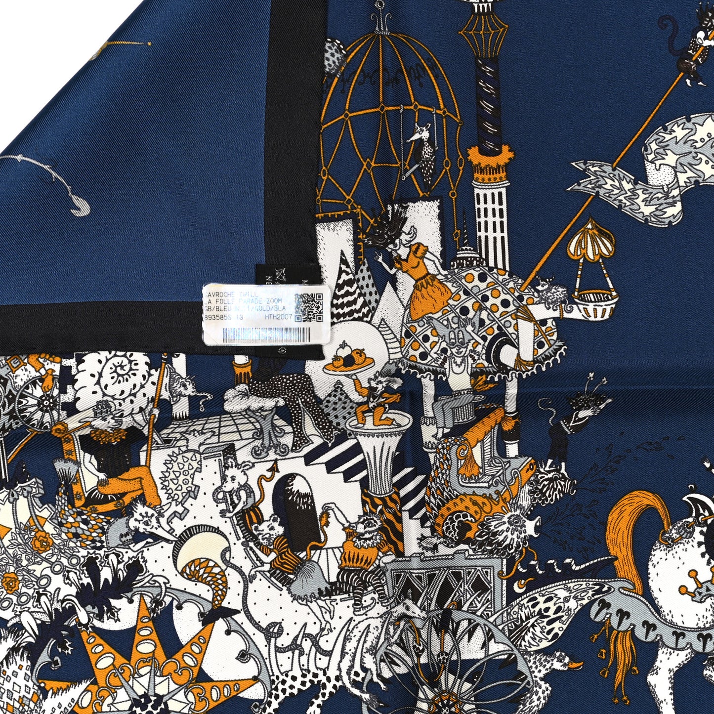 Silk La Folle Parade Zoom Pocket Square Scarf Bleu Nuit Gold White