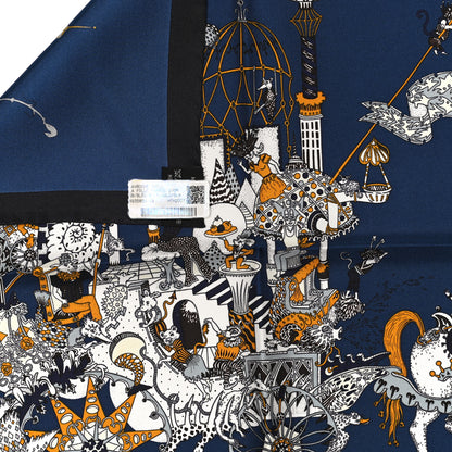 Hermes Silk La Folle Parade Zoom Pocket Square Scarf Bleu Nuit Gold White 4 of 4