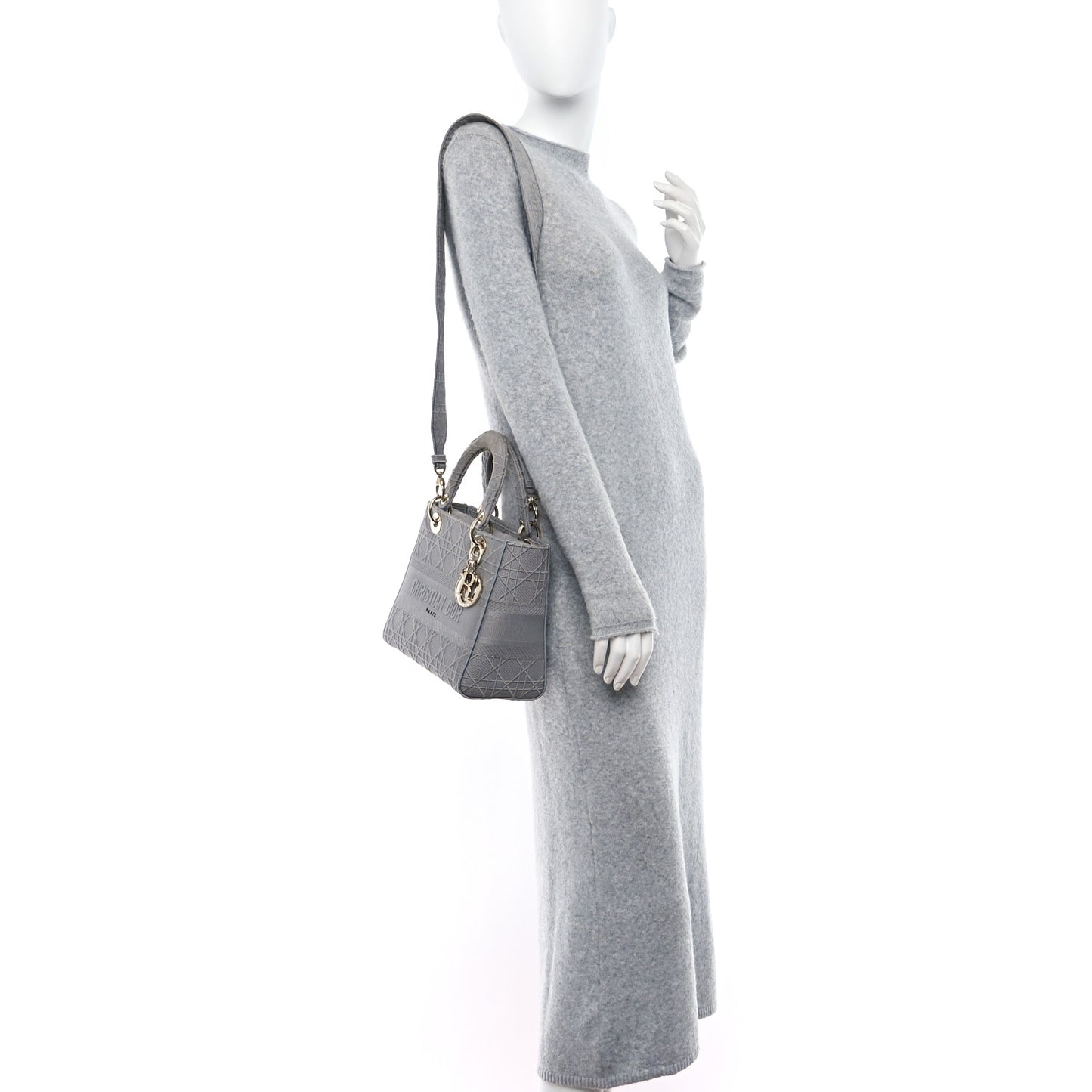 CHRISTIAN DIOR Canvas Embroidered Cannage Medium Lady D-Lite Gray
