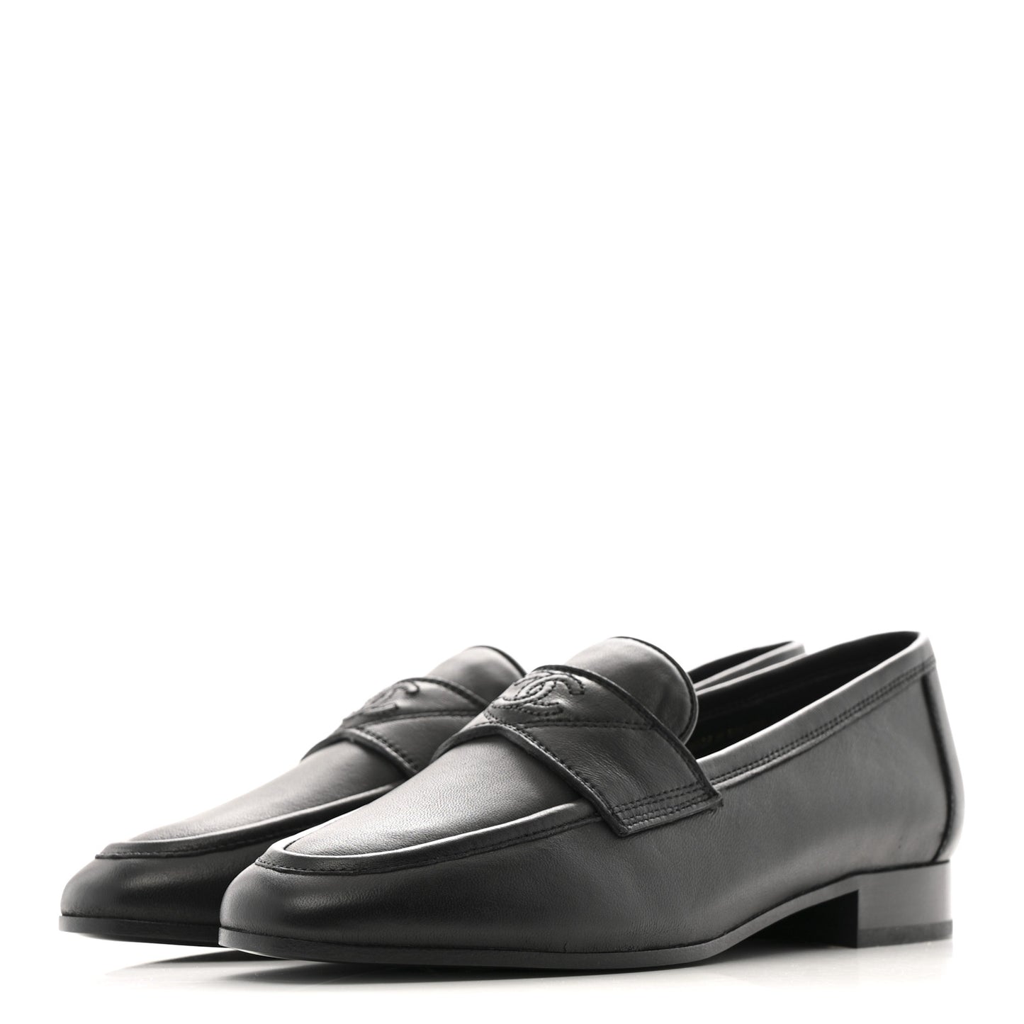 Calfskin Womens Stitched CC Loafers 37 Black