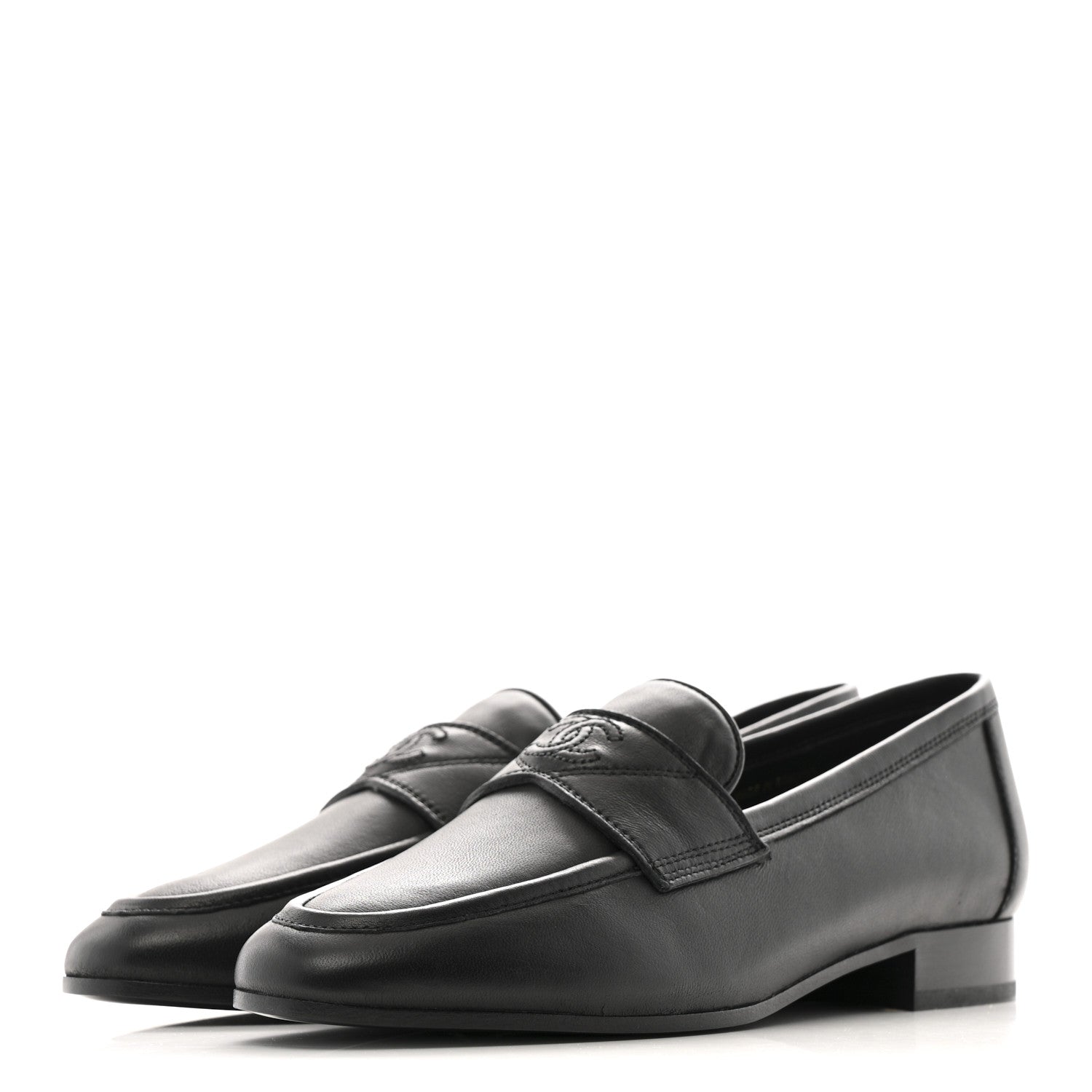 Chanel Calfskin Womens Stitched CC Loafers 37 Black 4 of 11
