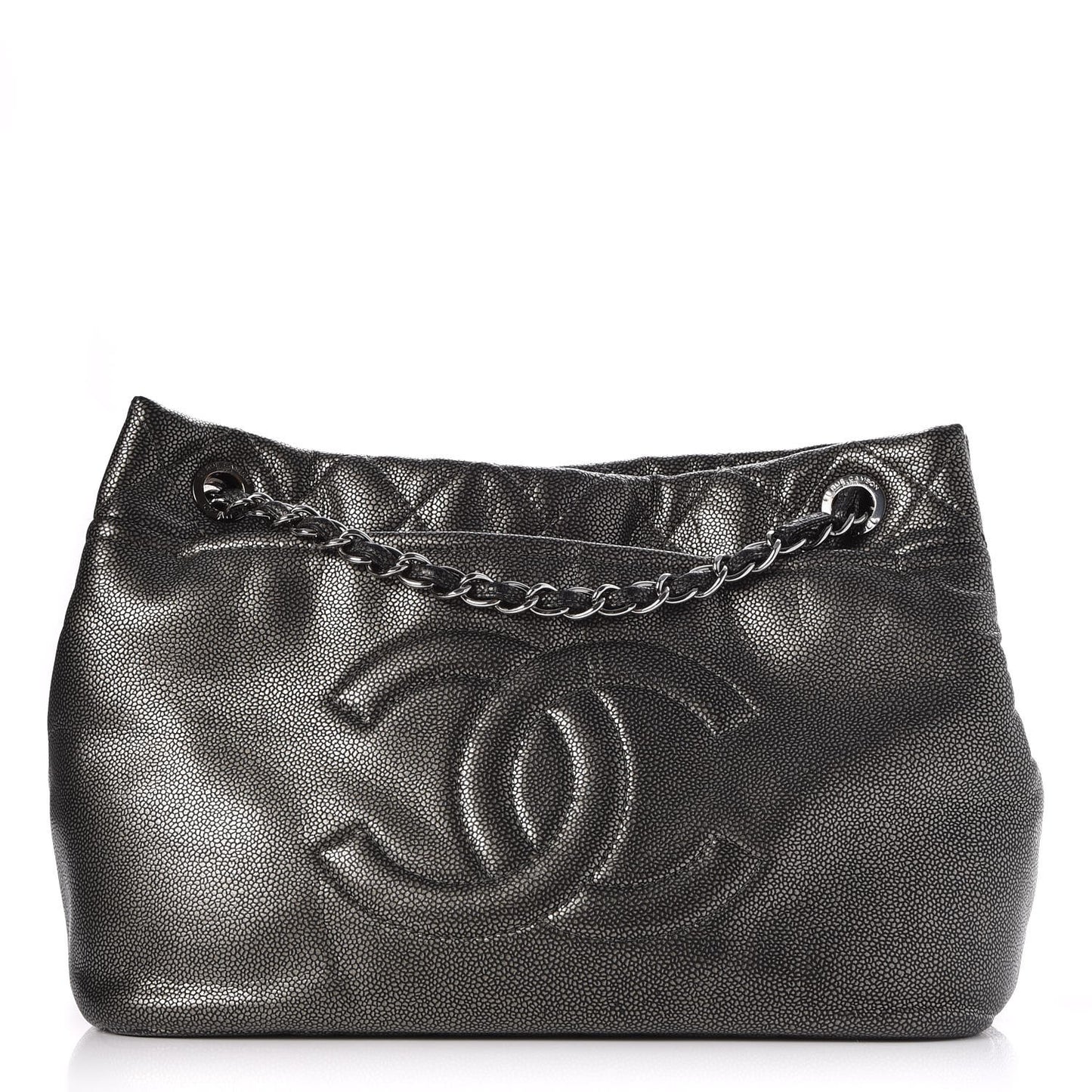 Metallic Caviar Quilted CC Timeless Tote Dark Silver