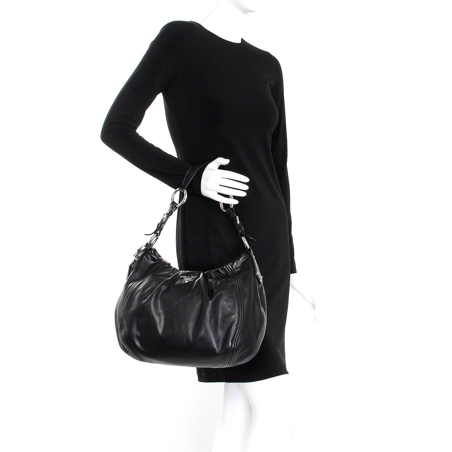 Prada Soft Calf Pleated Hobo Black 2 of 10