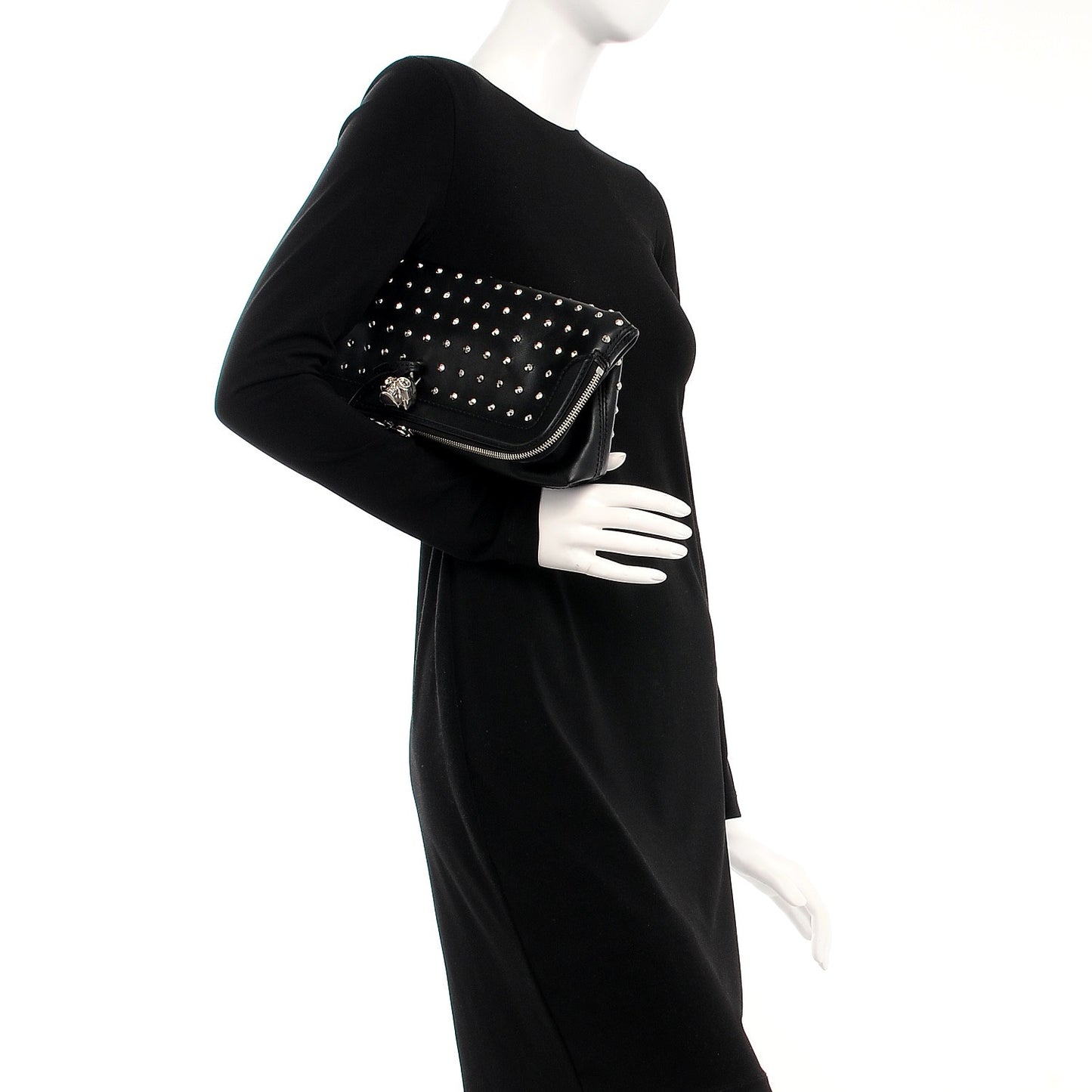 Calfskin Studded Padlock Skull Clutch Black