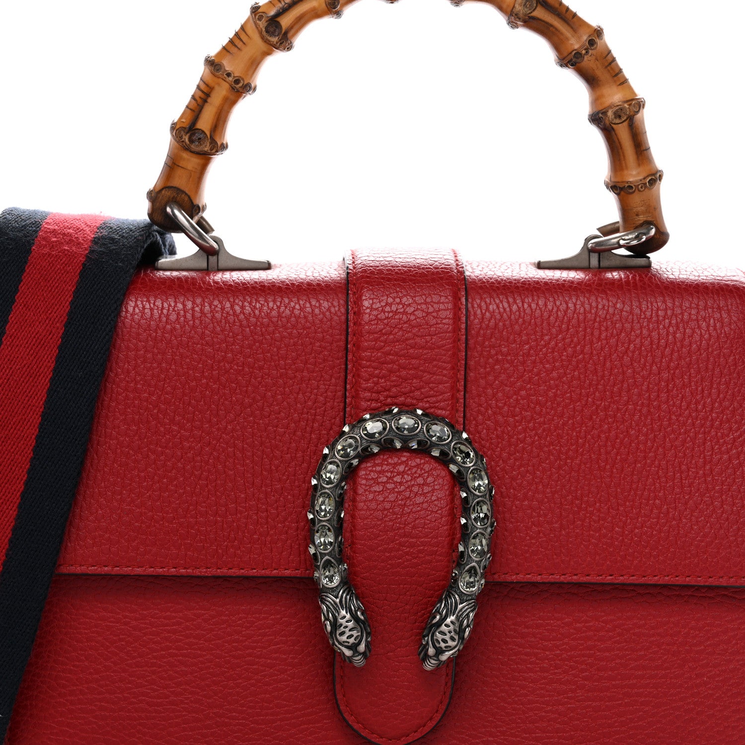 Gucci Dollar Calfskin Crystal Web Medium Dionysus Bamboo Top Handle Bag Hibiscus Red Black Diamond 8 of 14