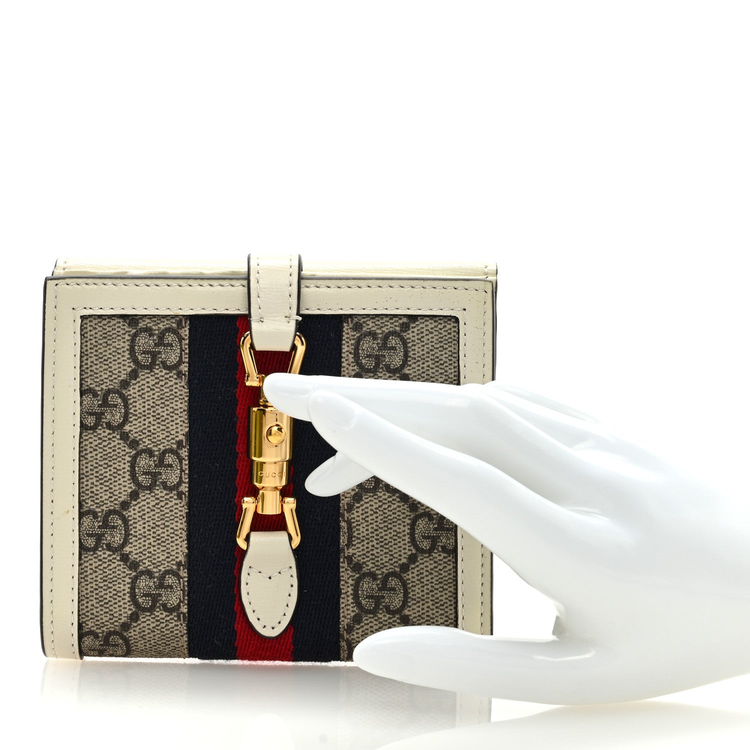 Gucci GG Supreme Monogram Textured Calfskin Web Jackie 1961 French Flap Wallet Beige Ebony Mystic White 2 of 6
