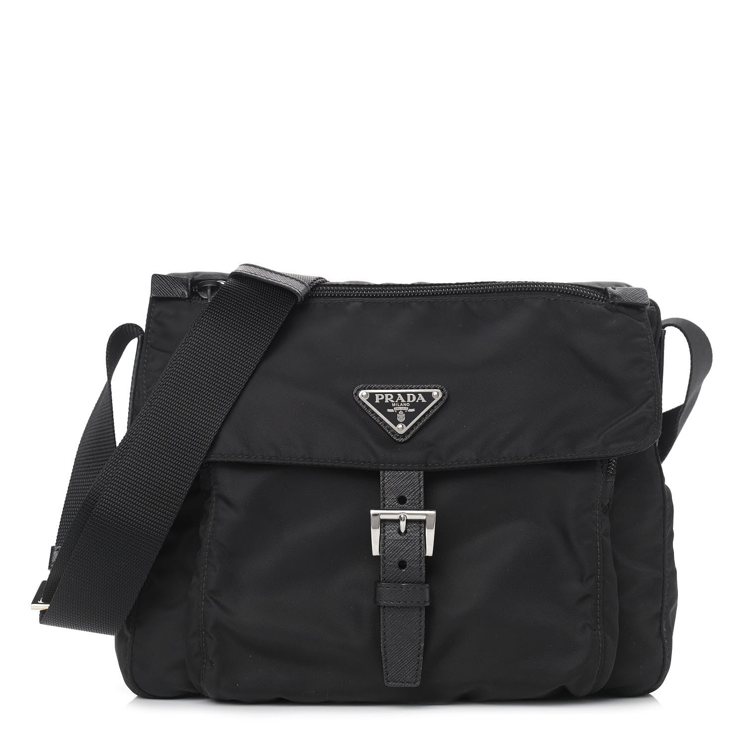 Prada Nylon Vela Saffiano Single Buckle Messenger Shoulder Bag Black 1 of 9