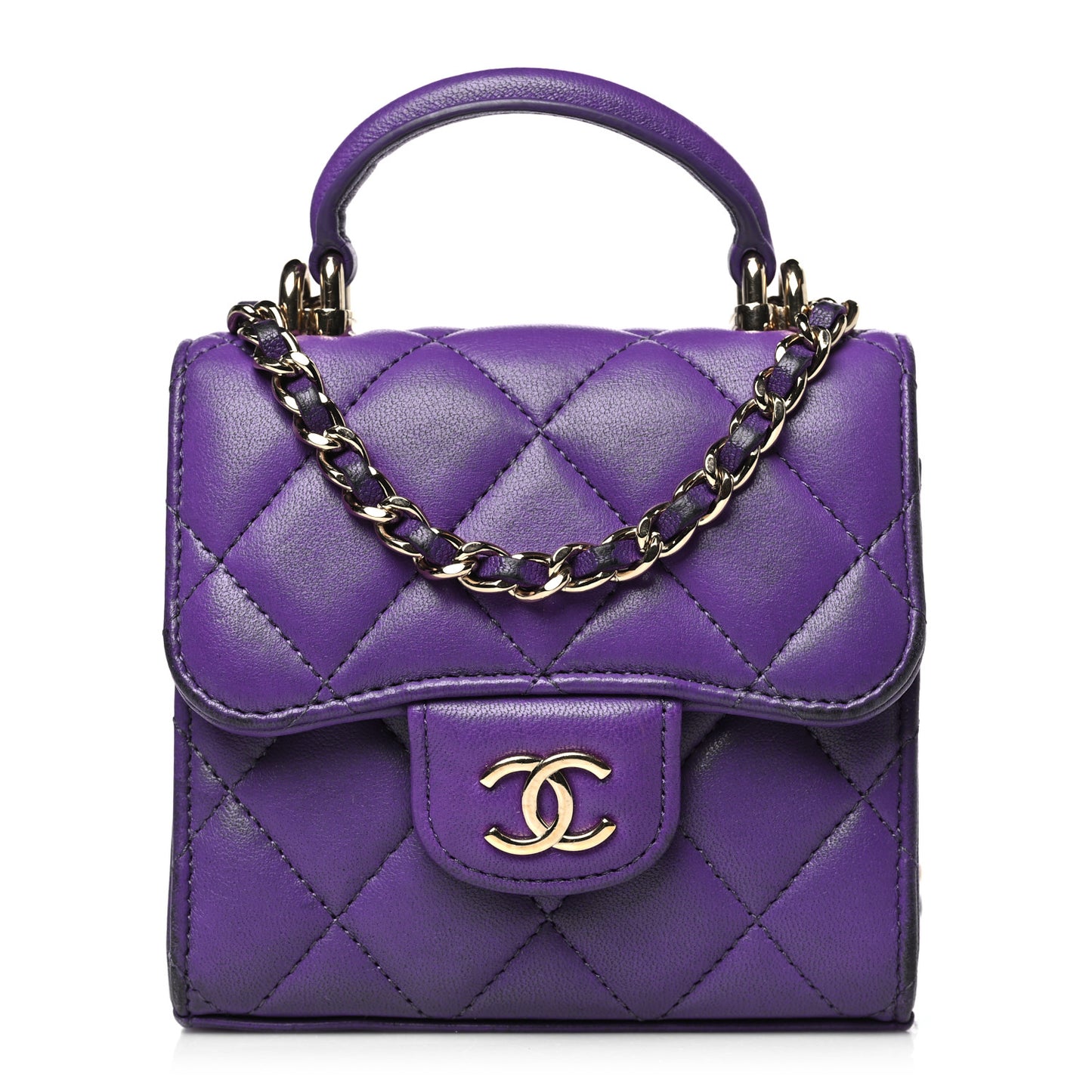 Lambskin Quilted Top Handle Clutch With Chain Purple