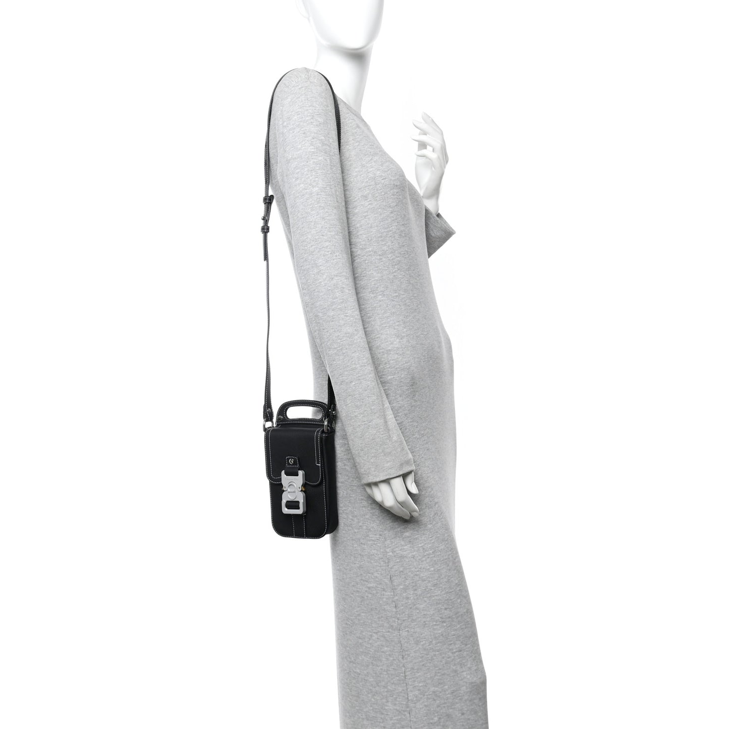 Grained Calfskin Vertical Saddle Pouch With Strap Black