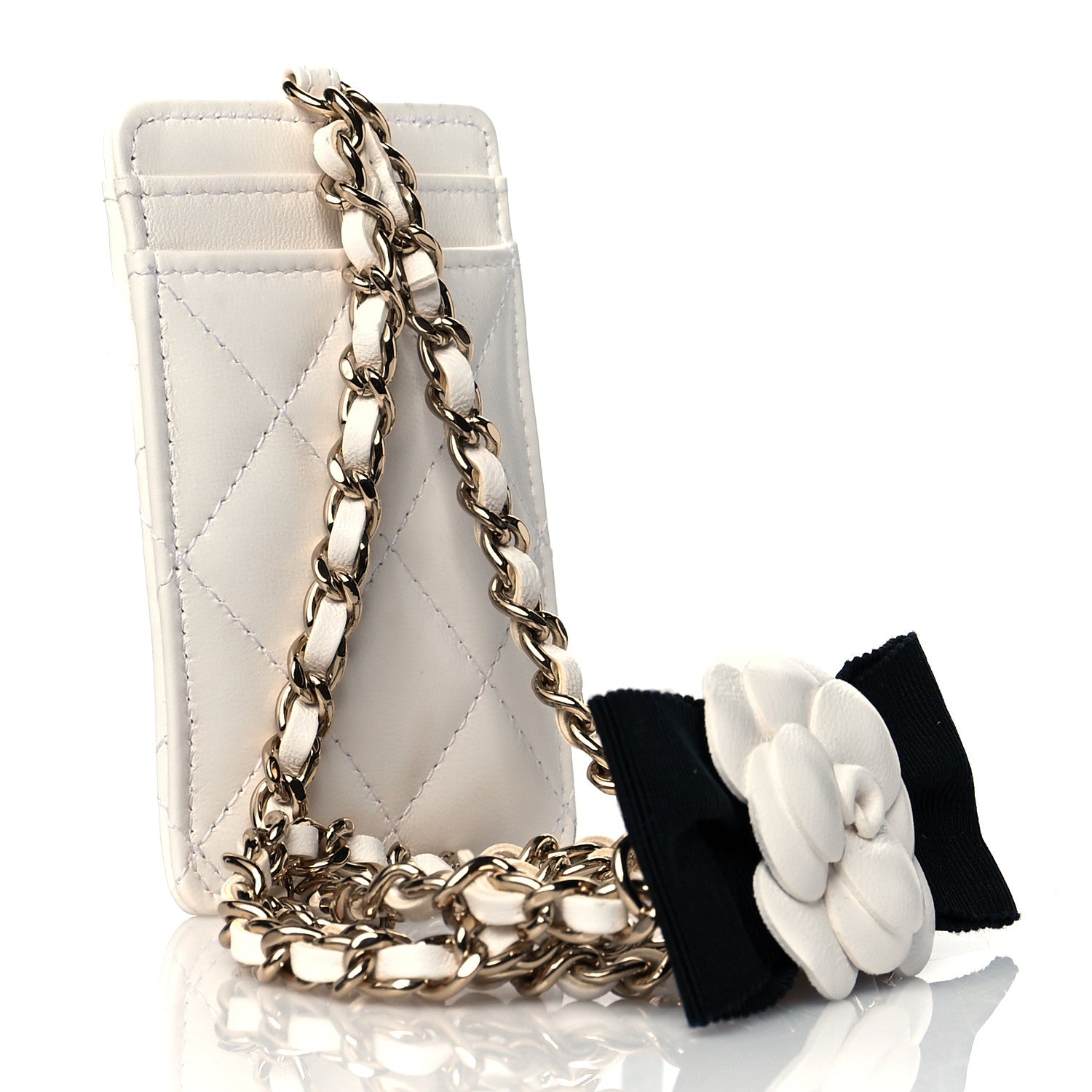 Chanel Lambskin Quilted Camellia Bow Card Holder On Chain White 2 of 11