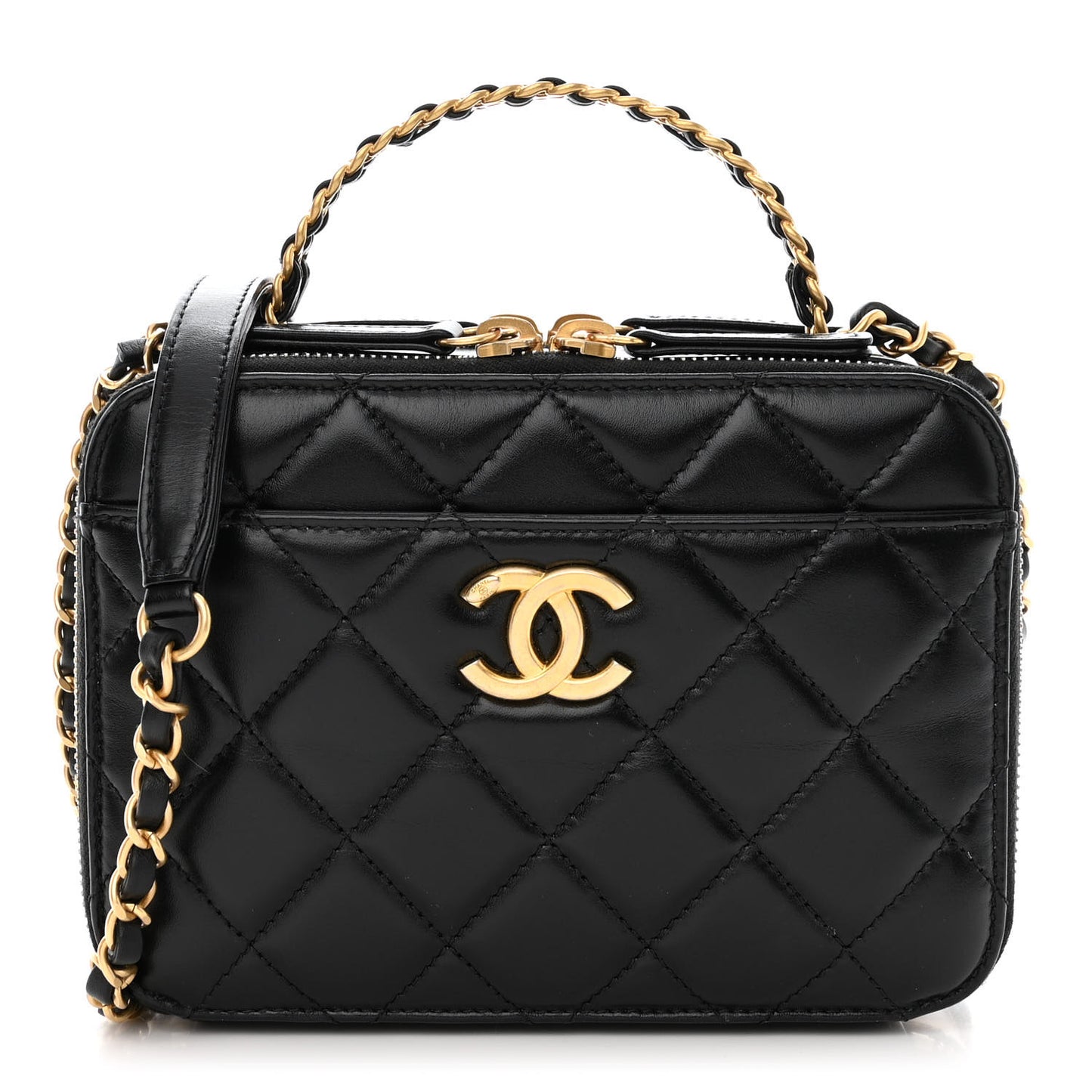 Shiny Calfskin Quilted Top Handle Vanity Black