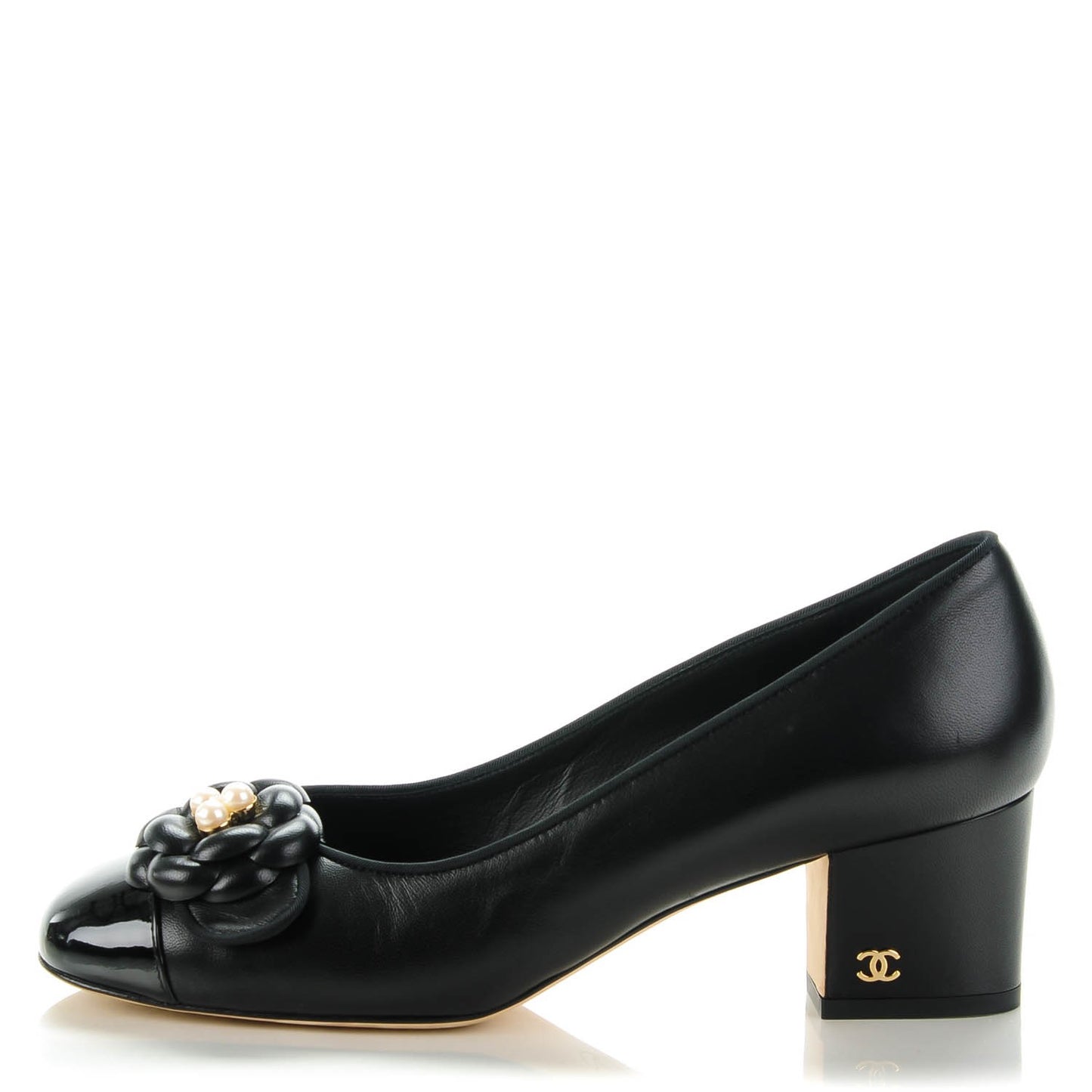 Lambskin Patent Calfskin Pearl Camellia Cap Toe Pumps 37.5 Black