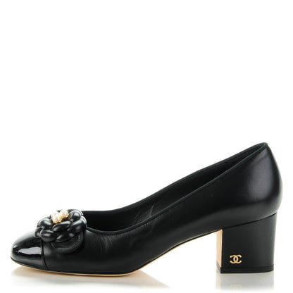 Chanel Lambskin Patent Calfskin Pearl Camellia Cap Toe Pumps 37.5 Black 1 of 8