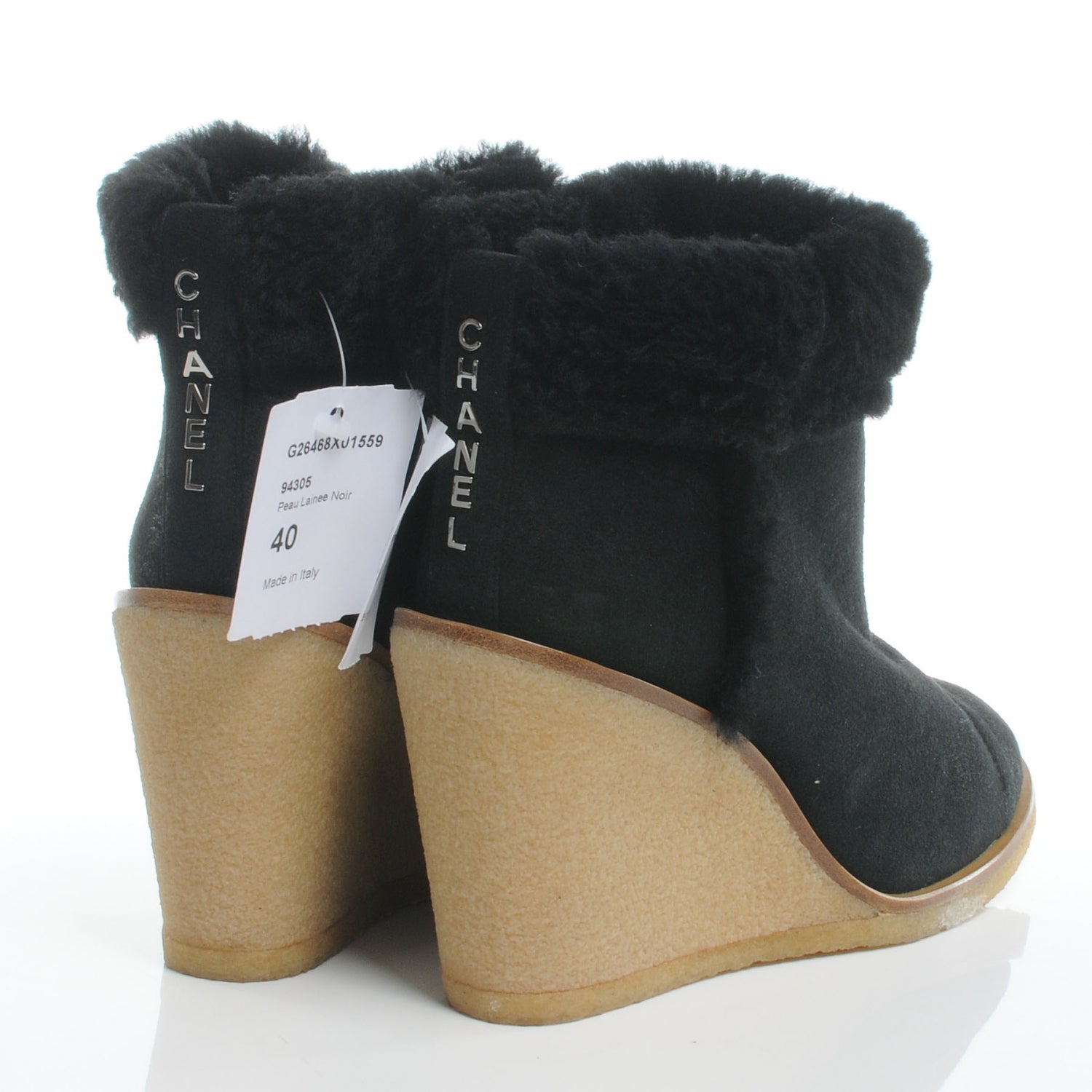 Chanel Suede Fleece Peau Lainee Wedge Booties 40 Black 4 of 6