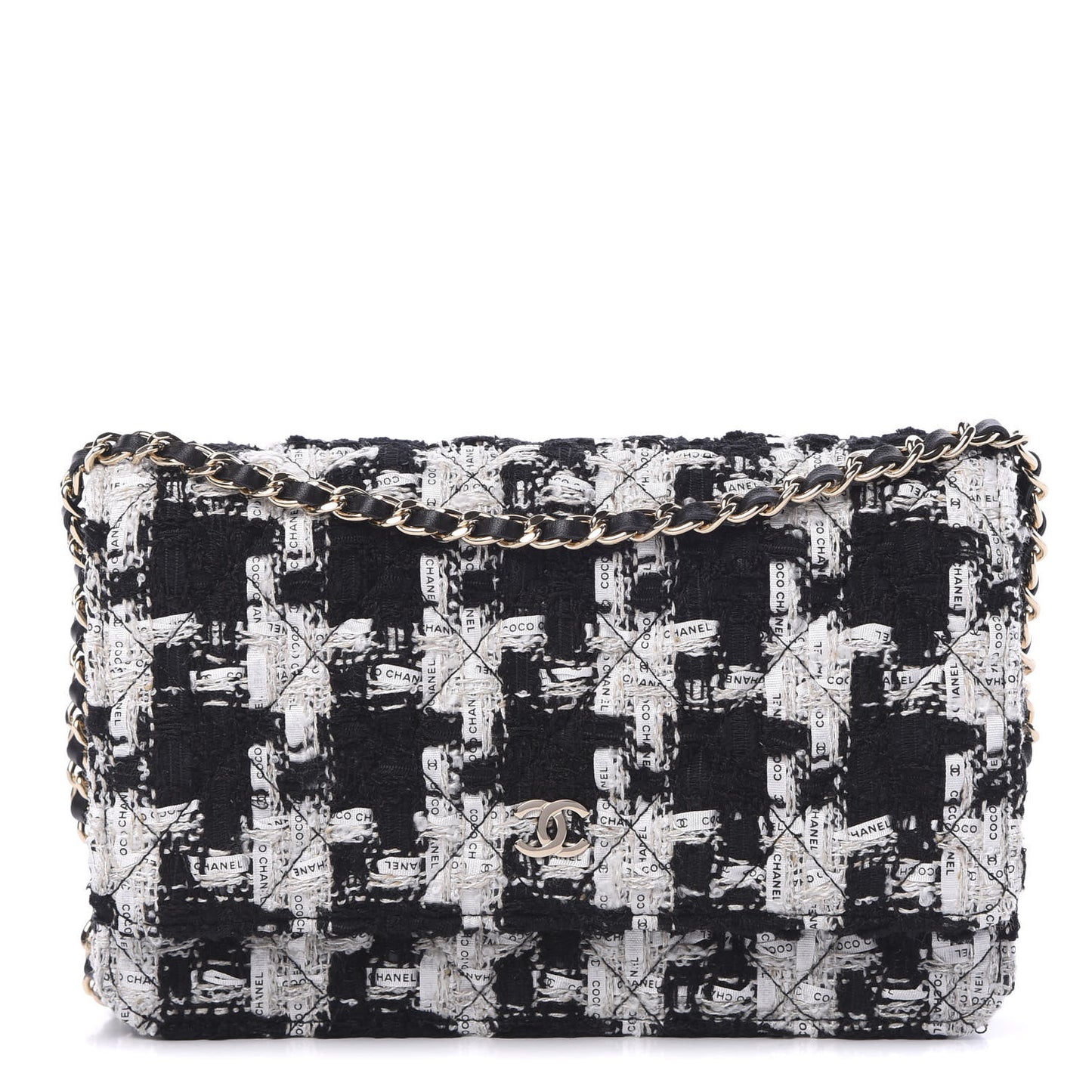 Tweed Quilted Wallet On Chain WOC Black Ecru White
