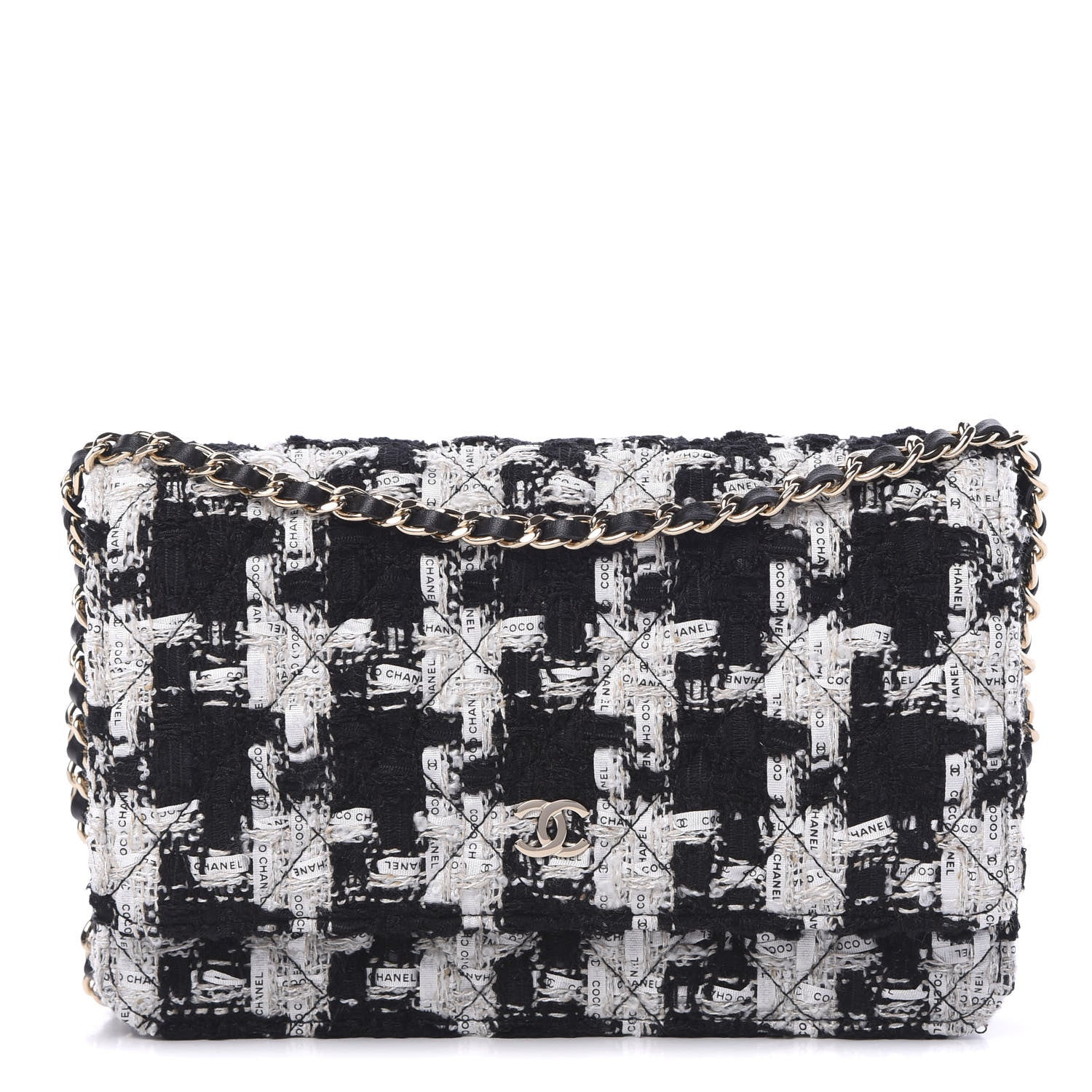 Chanel Tweed Quilted Wallet On Chain WOC Black Ecru White 1 of 11
