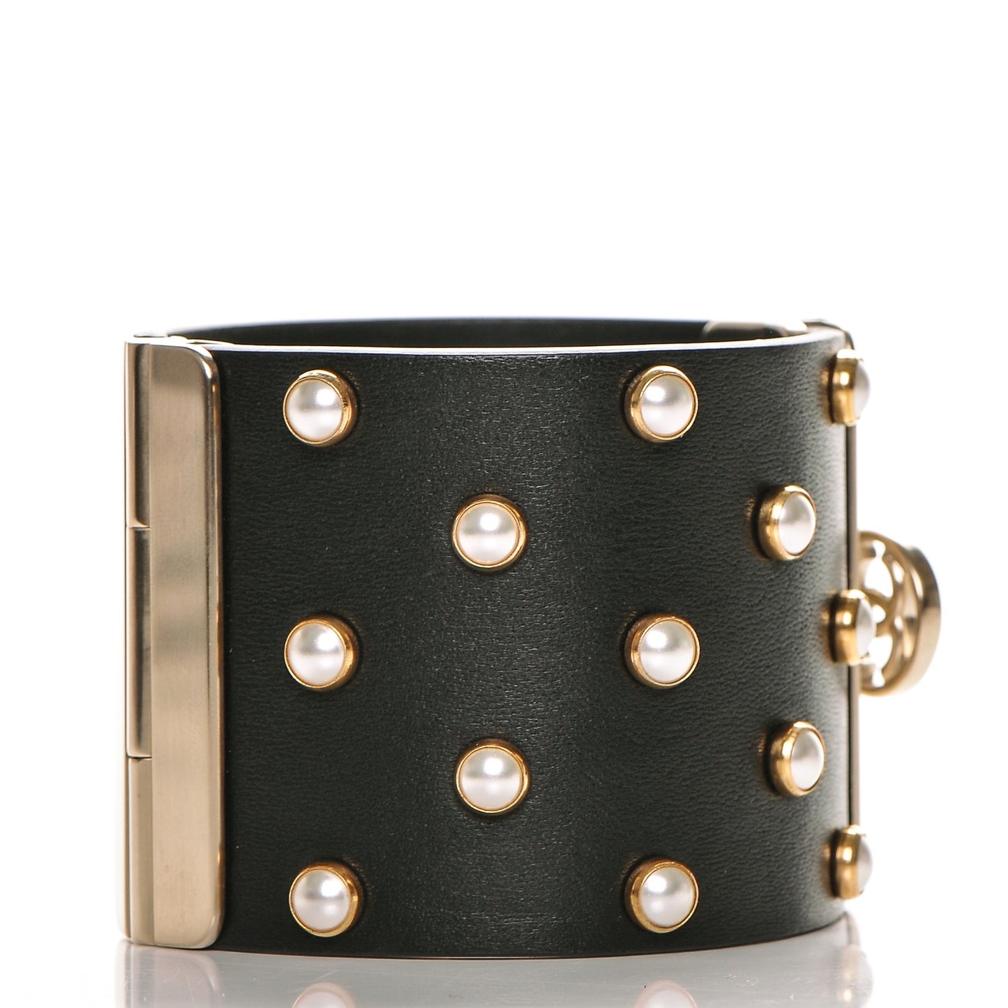 Lambskin Calfskin Pearl CC Cuff Bracelet Black Gold