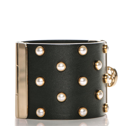 Chanel Lambskin Calfskin Pearl CC Cuff Bracelet Black Gold 3 of 5