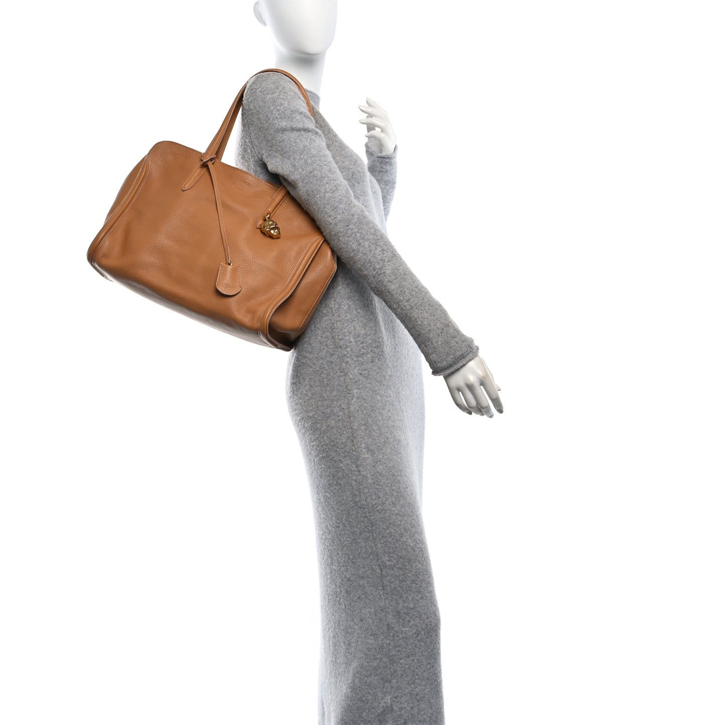 Pebbled Calfskin Large Skull Padlock Zip Around Tote Cognac