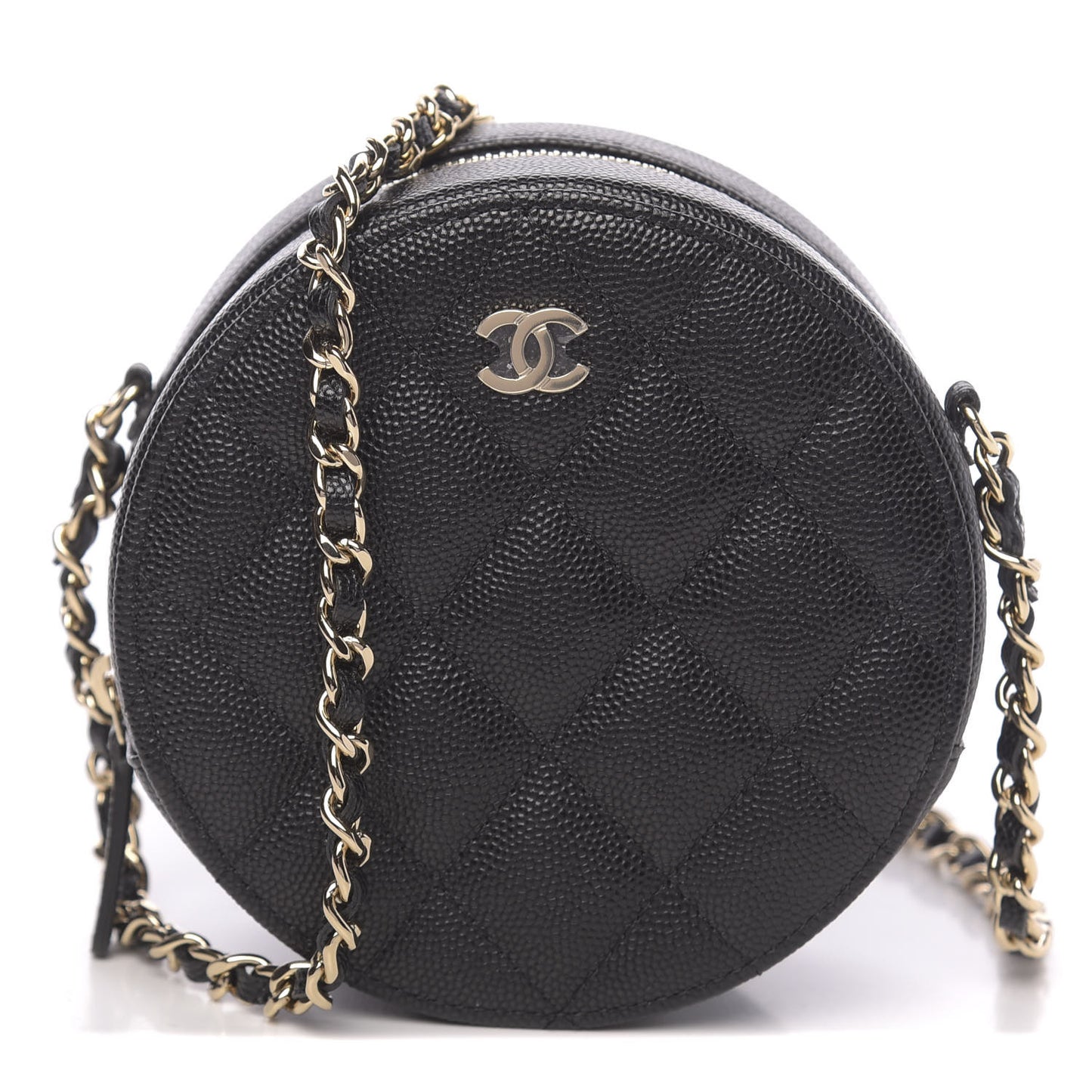 Caviar Quilted Round Clutch With Chain Black