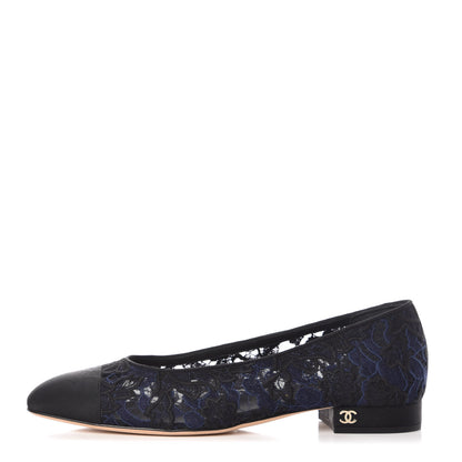Chanel Lace Grosgrain Cap Toe CC Ballerina Flats 37 Navy Black 1 of 9