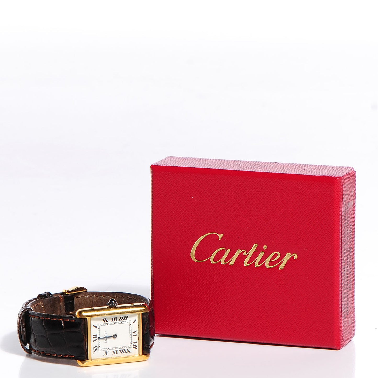 Sterling Silver Vermeil Alligator 20mm Must de Cartier Tank Quartz Watch Brown
