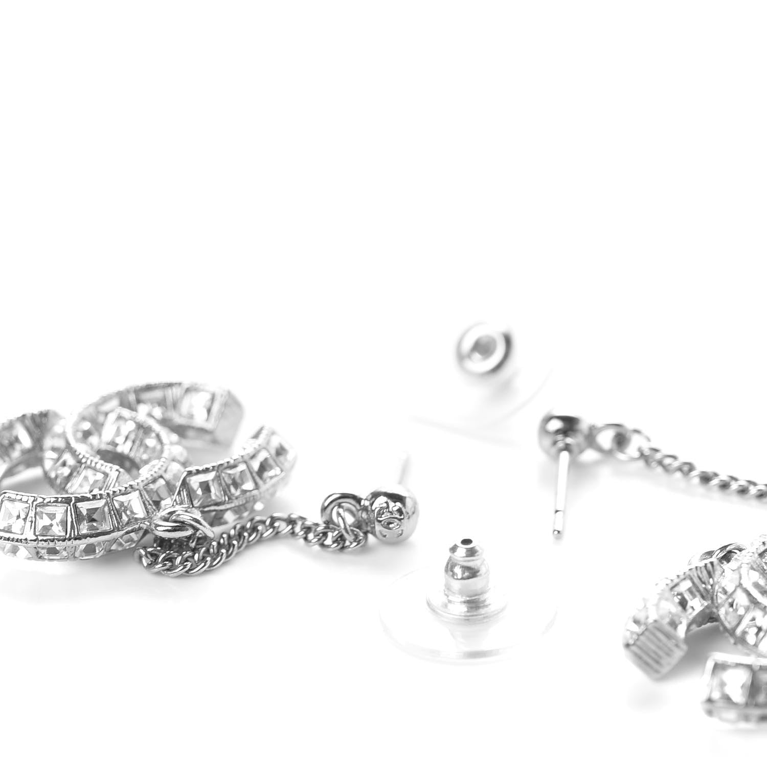 Chanel Baguette Crystal CC Drop Earrings Silver 3 of 4