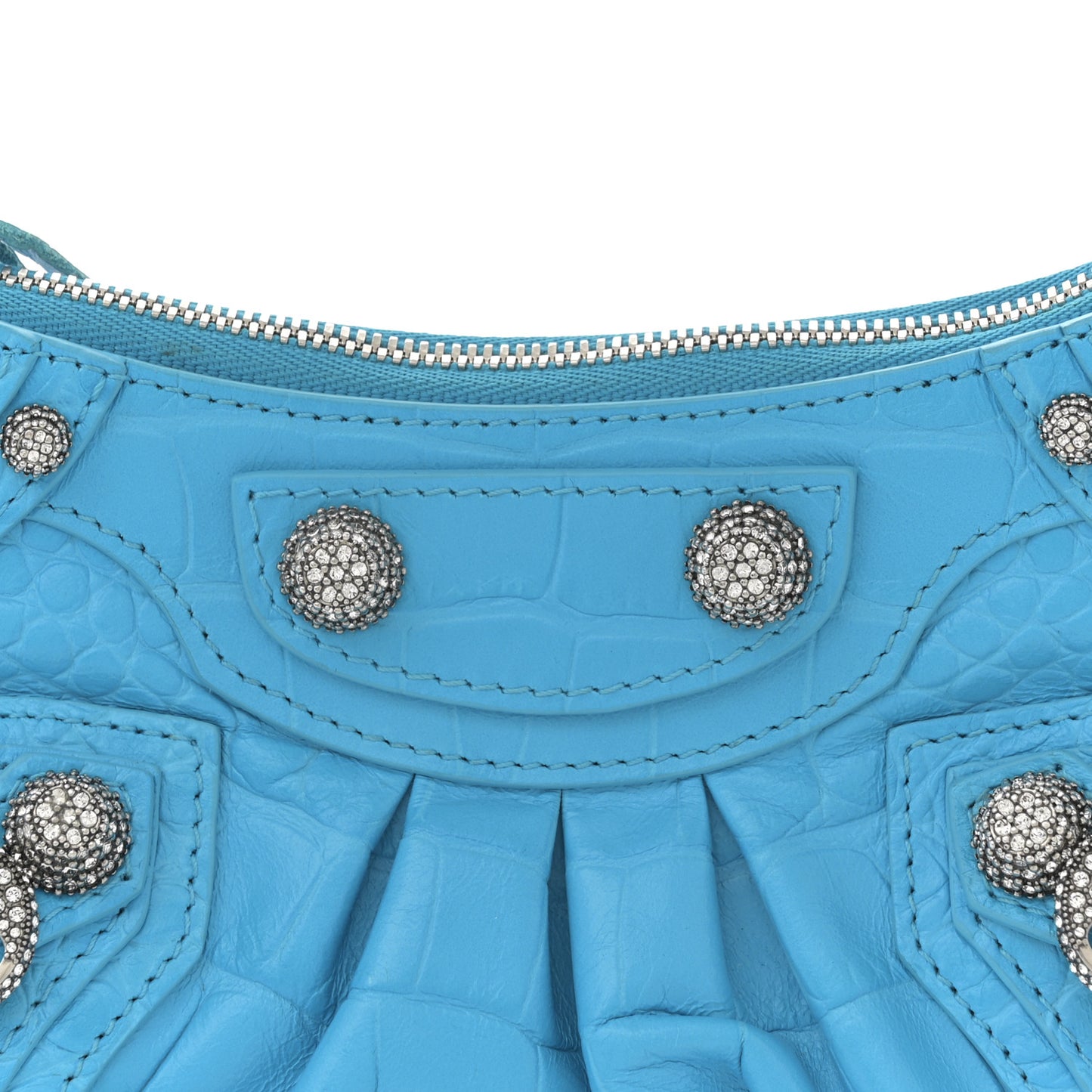 Extra Supple Calfskin Crocodile Embossed Crystal Mini Le Cagole Purse With Chain Cyan