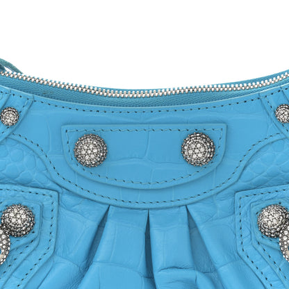 Balenciaga Extra Supple Calfskin Crocodile Embossed Crystal Mini Le Cagole Purse With Chain Cyan 7 of 10