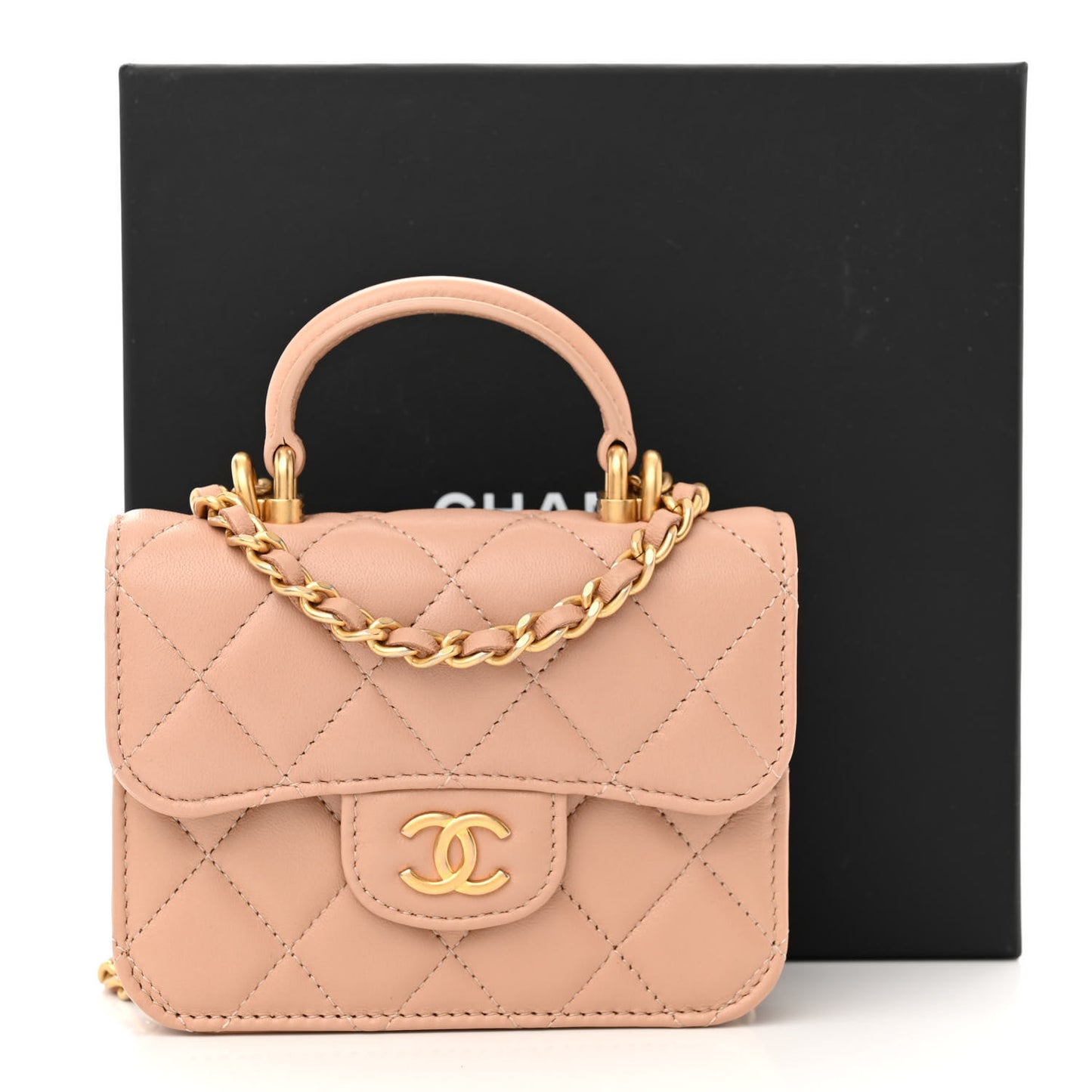 Lambskin Quilted Top Handle Flap Coin Purse With Chain Beige