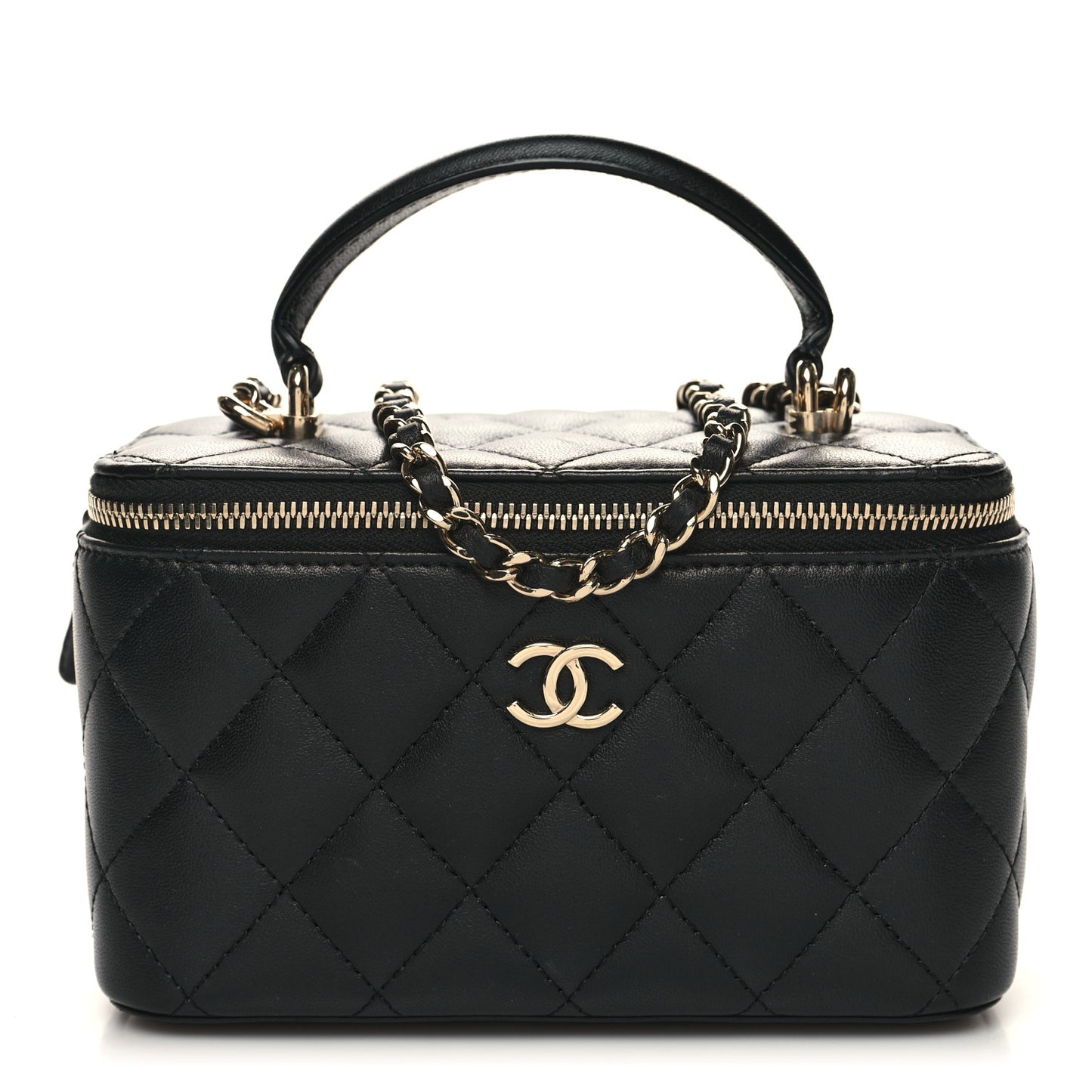 Lambskin Quilted Small Top Handle Vanity Case With Chain Black